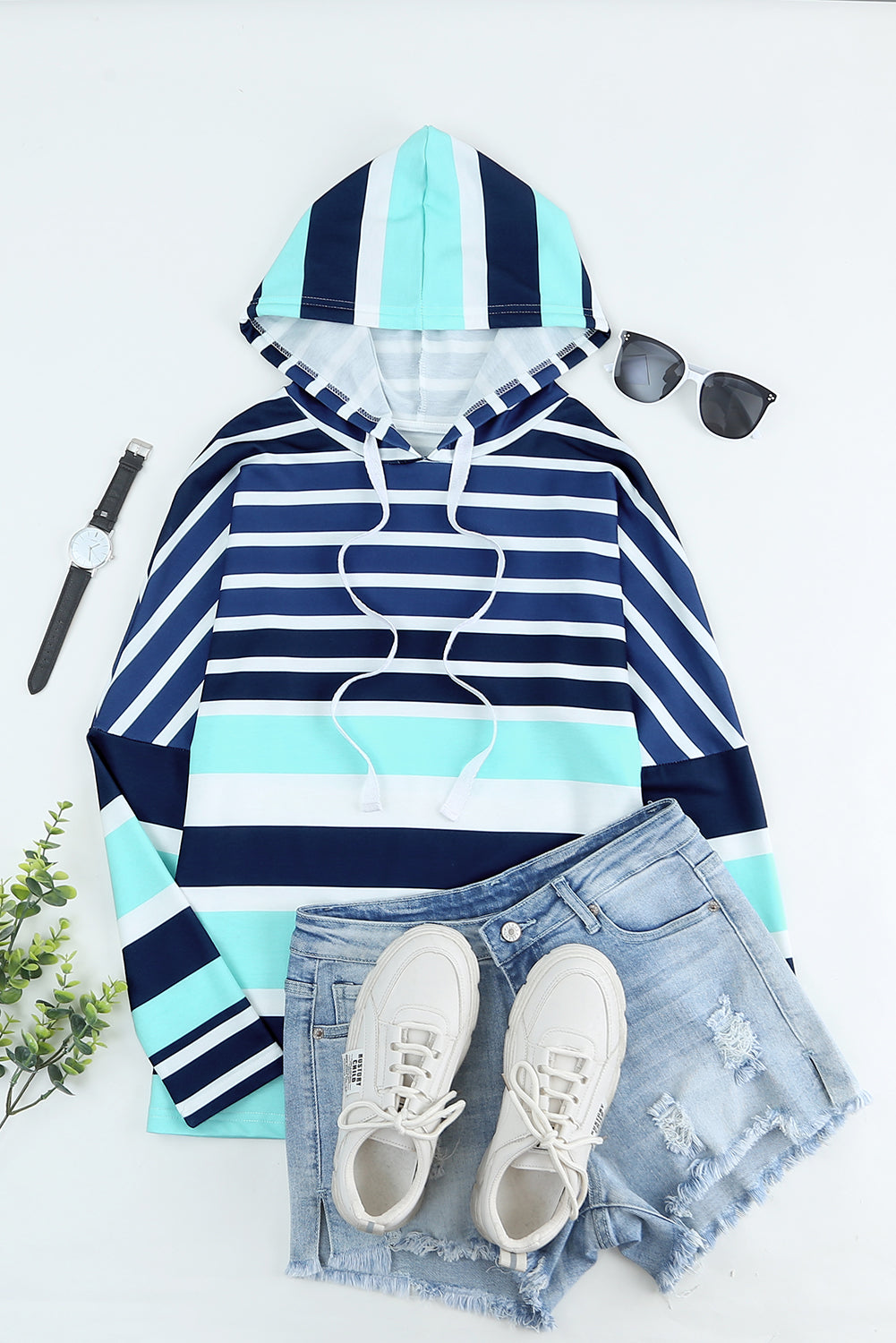 Rose Multi Striped Drawstring Long Sleeve Hoodie featuring a trendy striped pattern and color block design, perfect for casual wear.