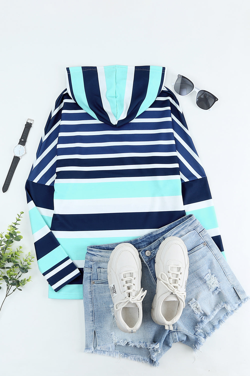 Rose Multi Striped Drawstring Long Sleeve Hoodie featuring a trendy striped pattern and color block design, perfect for casual wear.