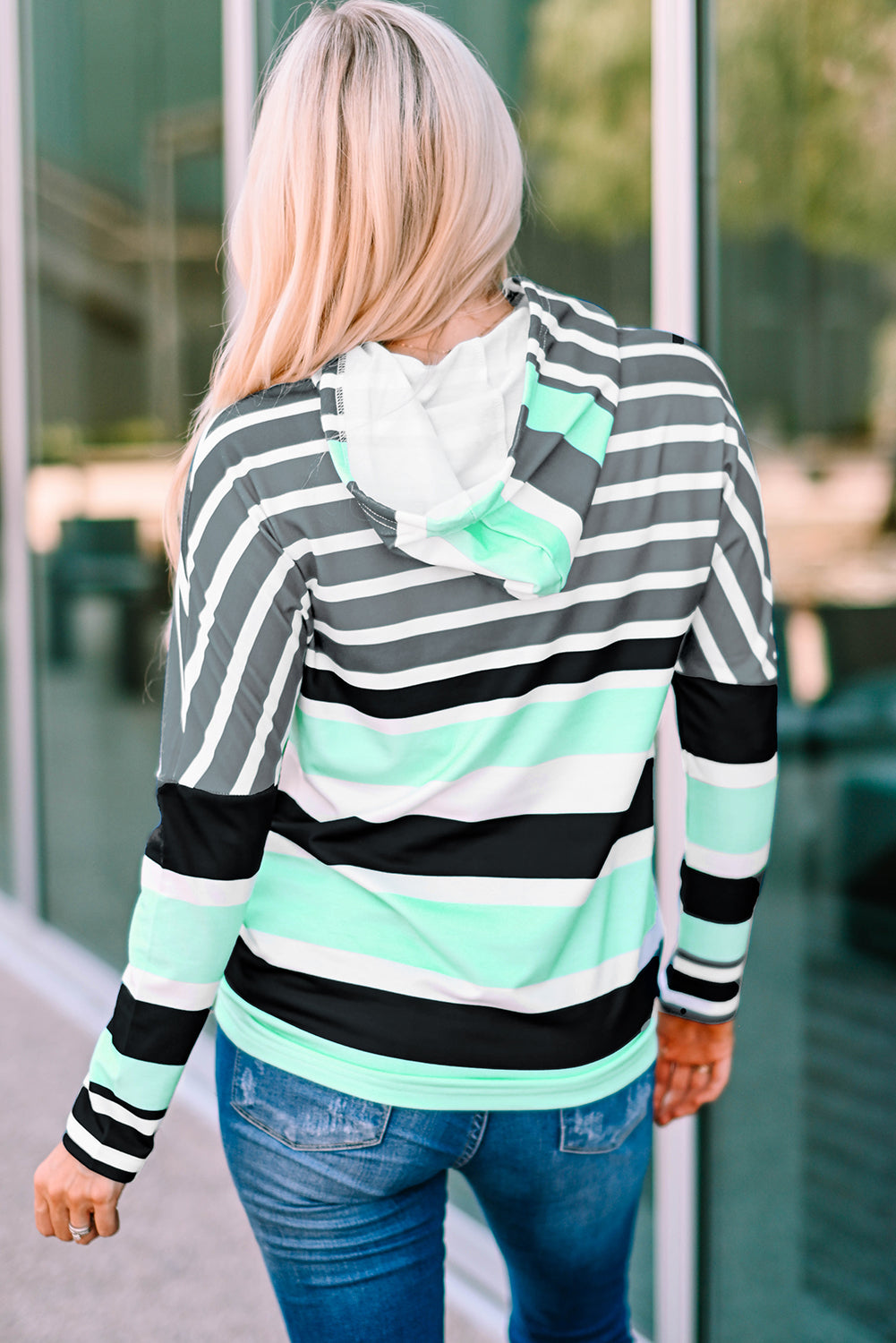 Rose Multi Striped Drawstring Long Sleeve Hoodie featuring a trendy striped pattern and color block design, perfect for casual wear.