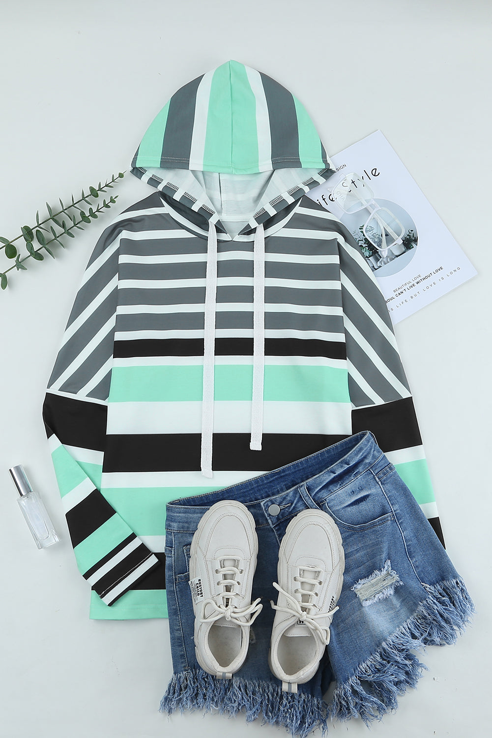 Rose Multi Striped Drawstring Long Sleeve Hoodie featuring a trendy striped pattern and color block design, perfect for casual wear.