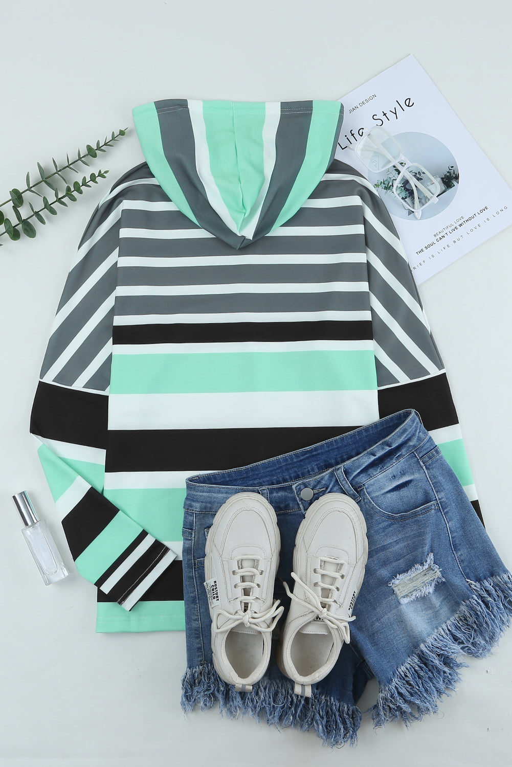 Rose Multi Striped Drawstring Long Sleeve Hoodie featuring a trendy striped pattern and color block design, perfect for casual wear.