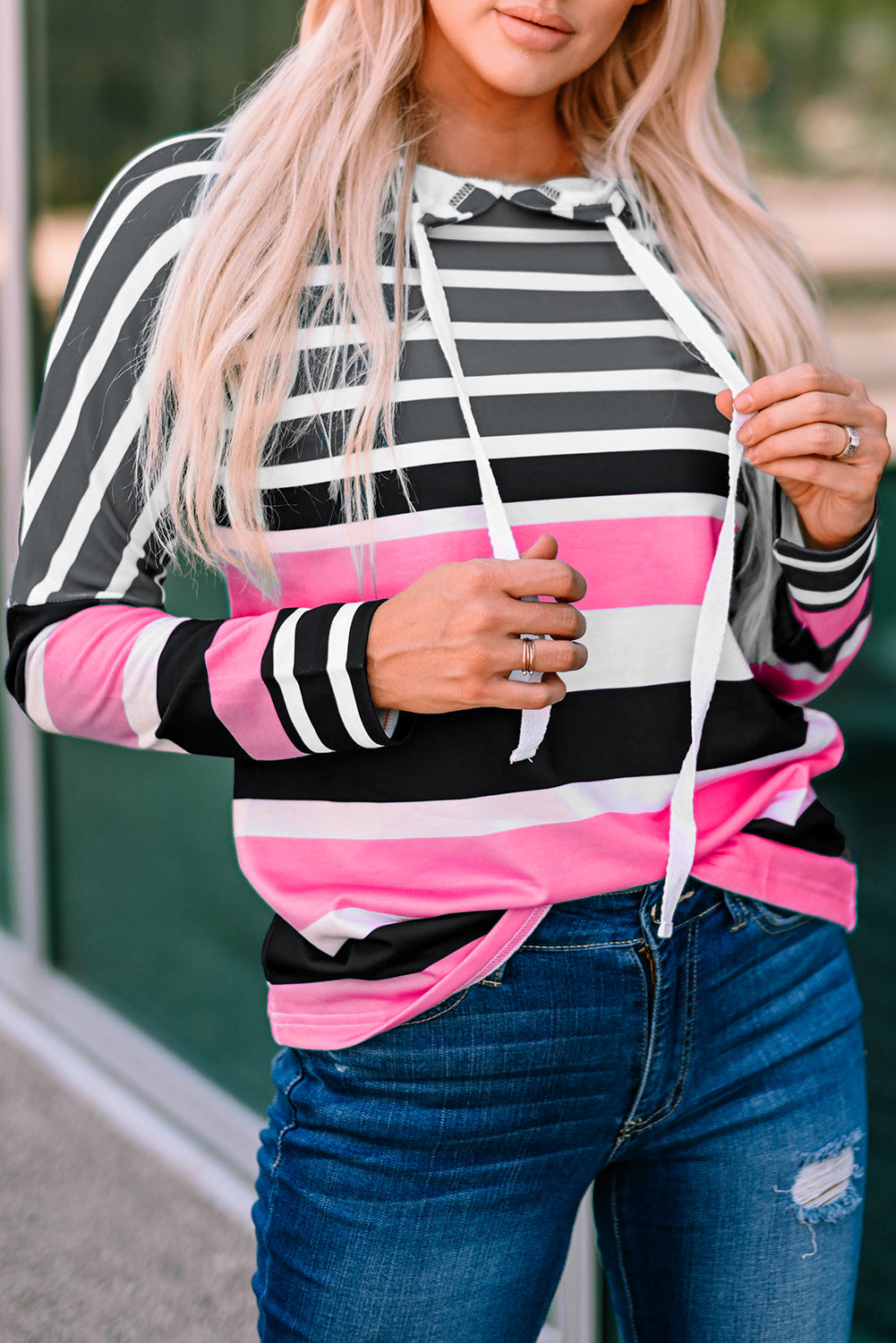 Rose Multi Striped Drawstring Long Sleeve Hoodie featuring a trendy striped pattern and color block design, perfect for casual wear.