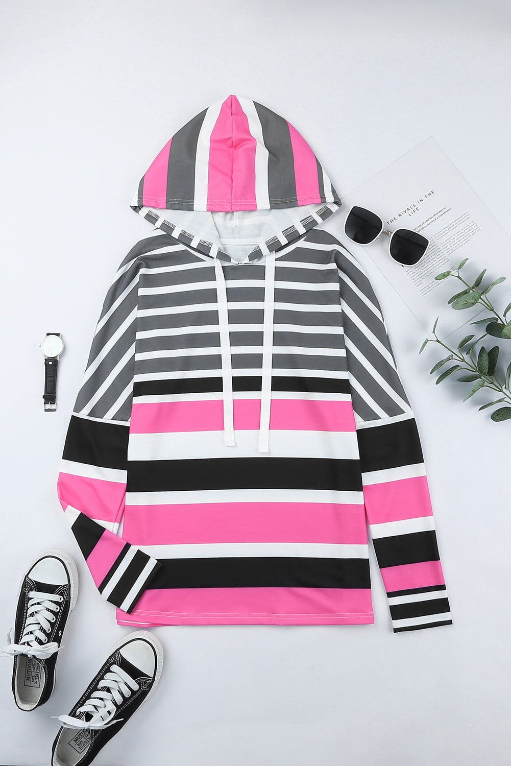 Rose Multi Striped Drawstring Long Sleeve Hoodie featuring a trendy striped pattern and color block design, perfect for casual wear.