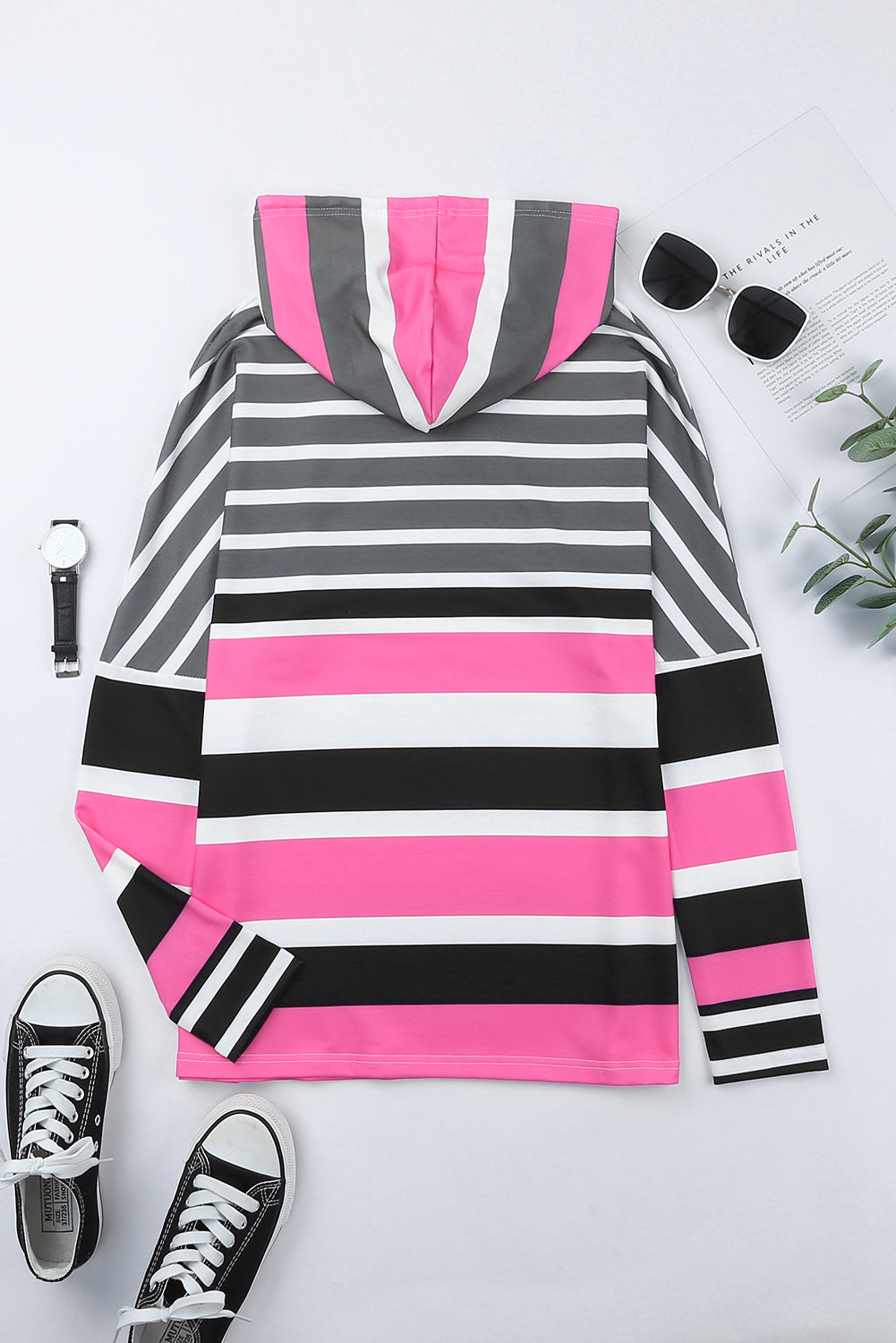 Rose Multi Striped Drawstring Long Sleeve Hoodie featuring a trendy striped pattern and color block design, perfect for casual wear.