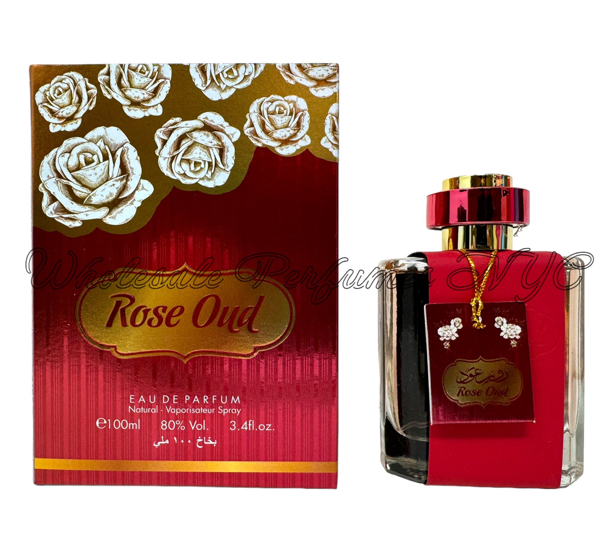 A luxurious 3.4oz bottle of Rose Oud for Women Eau de Parfum by Al Sheikh, featuring an elegant design and rich fragrance notes.