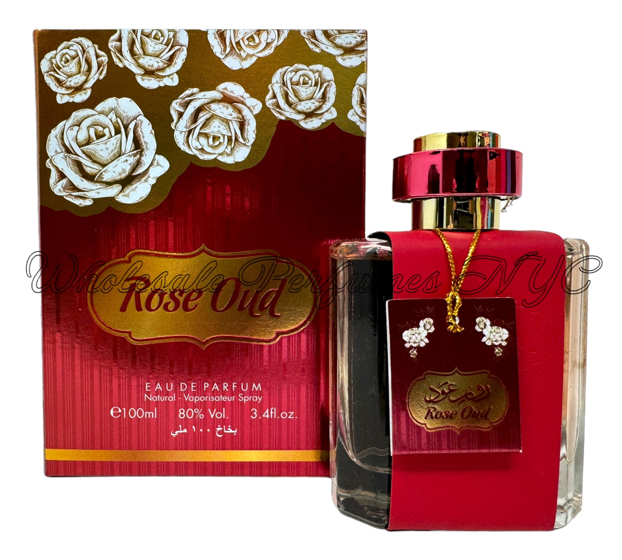 A luxurious 3.4oz bottle of Rose Oud for Women Eau de Parfum by Al Sheikh, featuring an elegant design and rich fragrance notes.