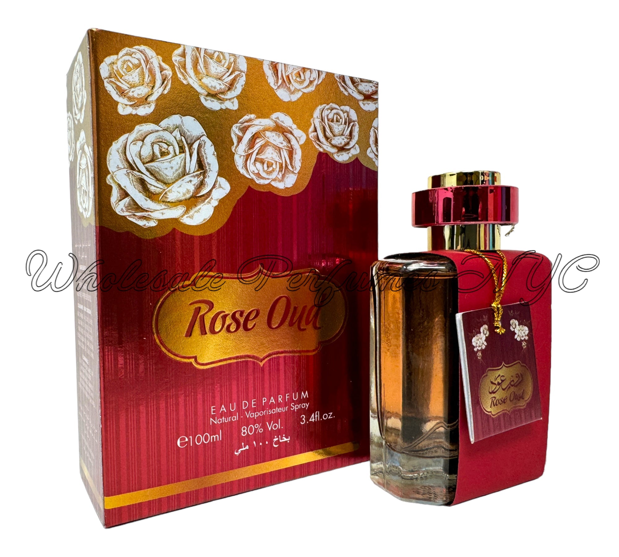 A luxurious 3.4oz bottle of Rose Oud for Women Eau de Parfum by Al Sheikh, featuring an elegant design and rich fragrance notes.