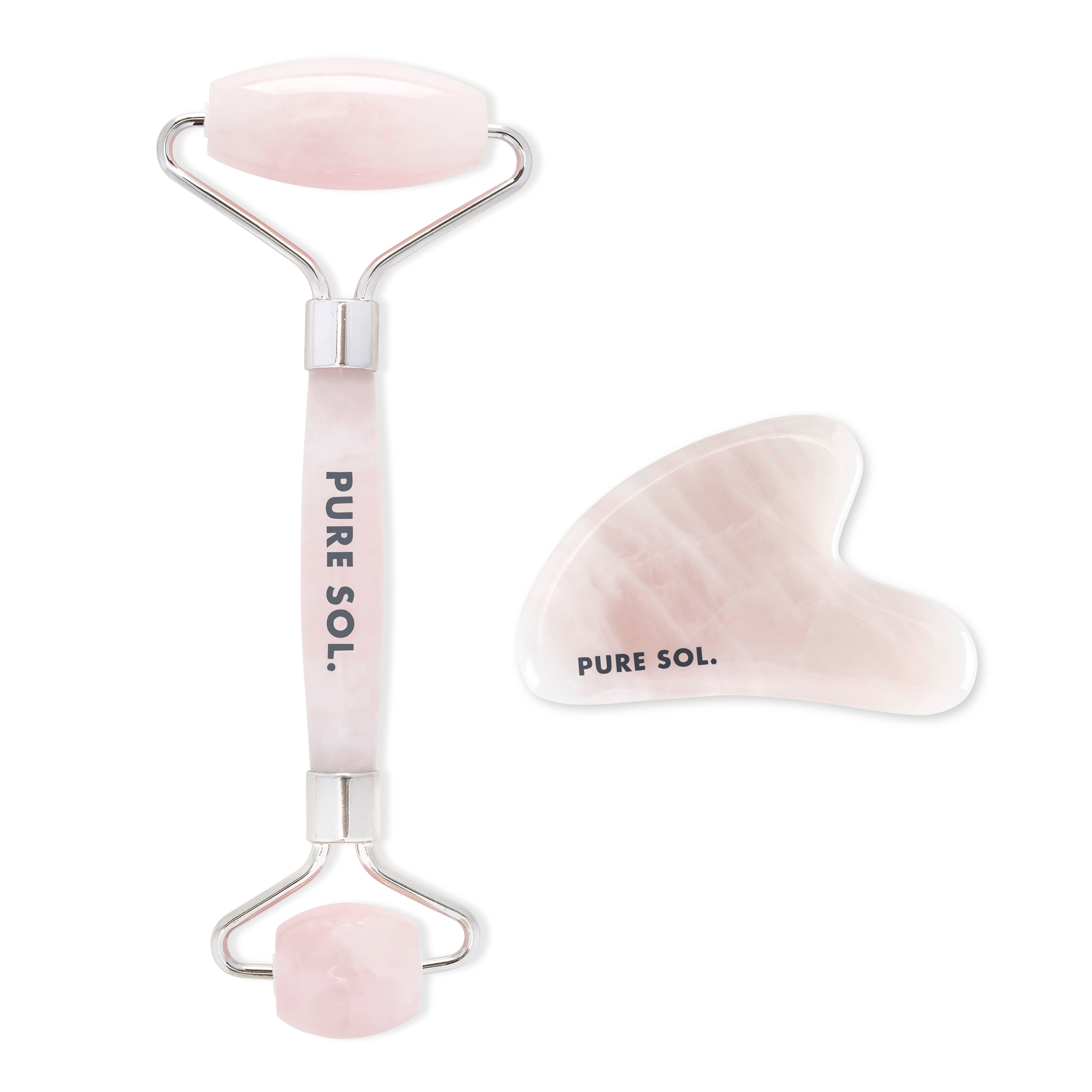 A beautiful Rose Quartz Bundle featuring a face roller and gua sha, both made from natural rose quartz, perfect for skincare.