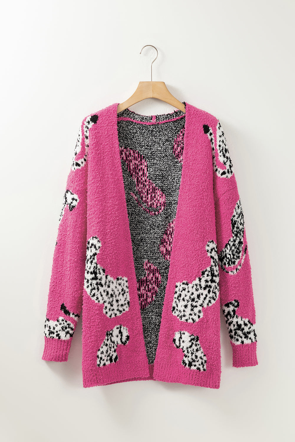 Rose Red Cheetah Pattern Open Front Knitted Cardigan displayed on a mannequin, showcasing its vibrant color and stylish design.