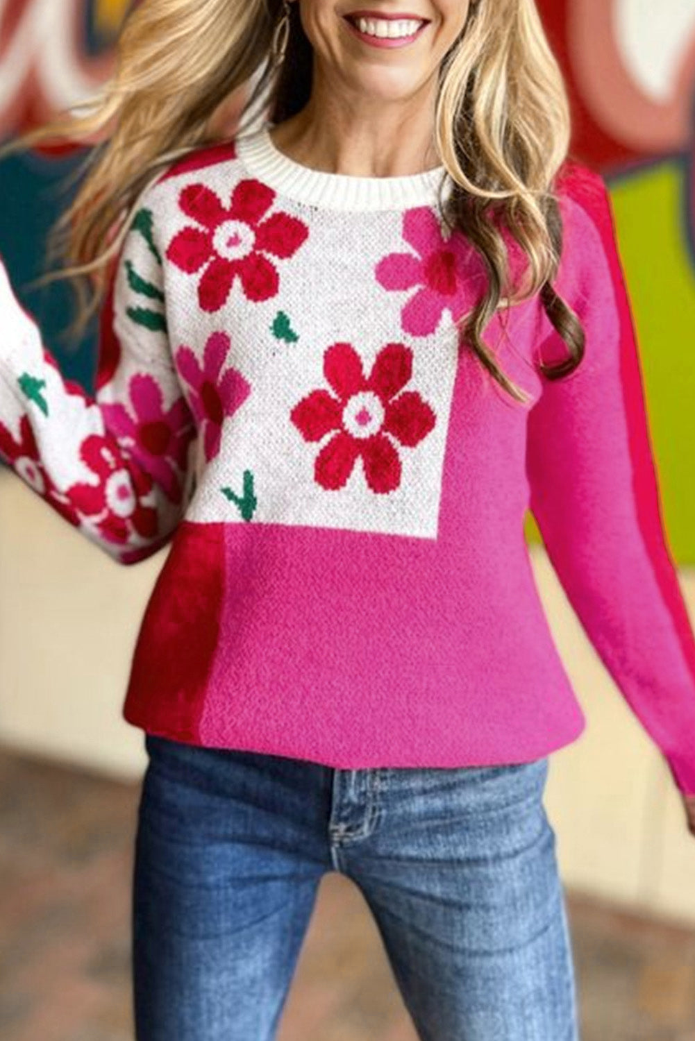 Rose Red Floral Mixed Color Block Sweater featuring a round neck and vibrant floral patterns, perfect for stylish winter wear.