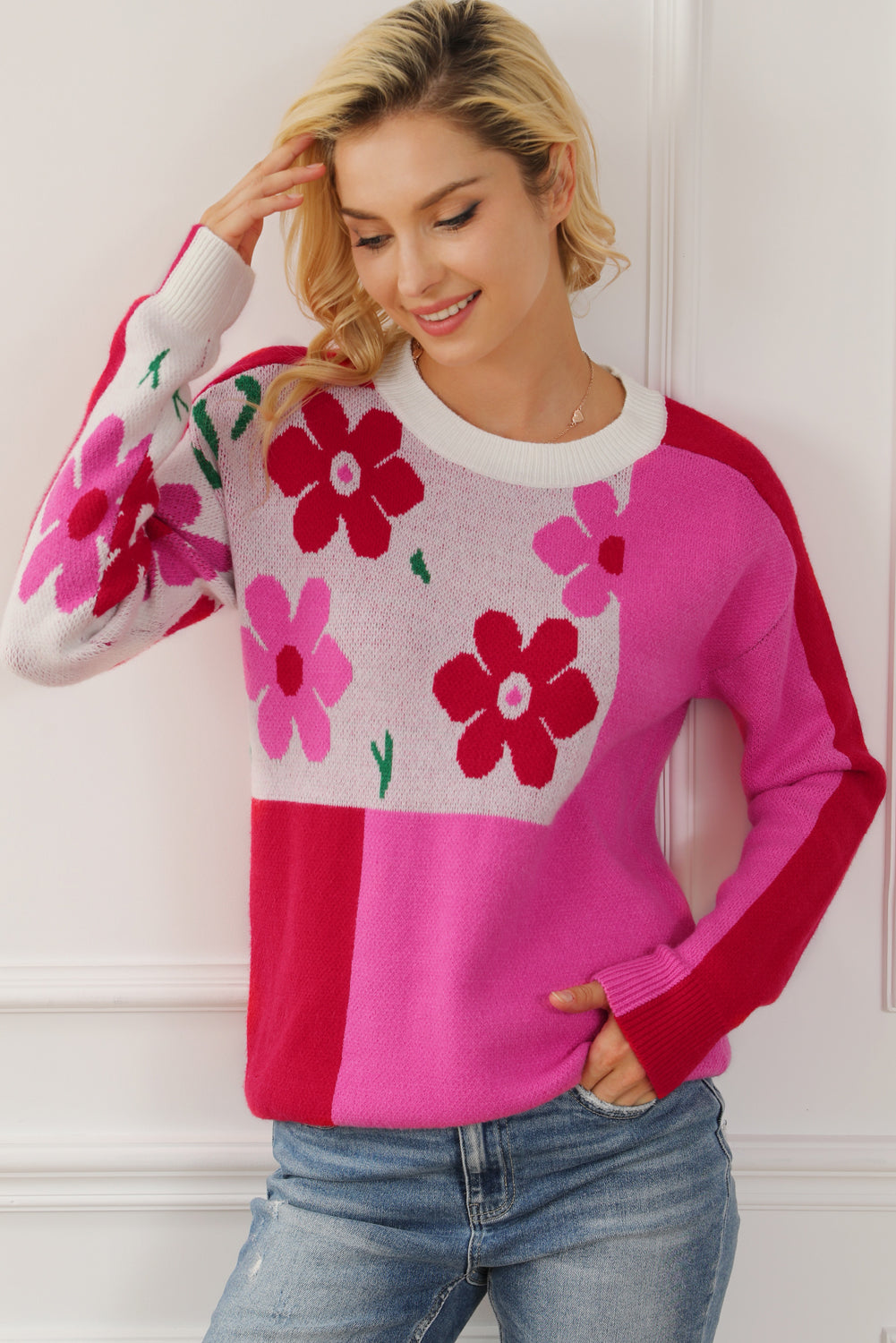 Rose Red Floral Mixed Color Block Sweater featuring a round neck and vibrant floral patterns, perfect for stylish winter wear.