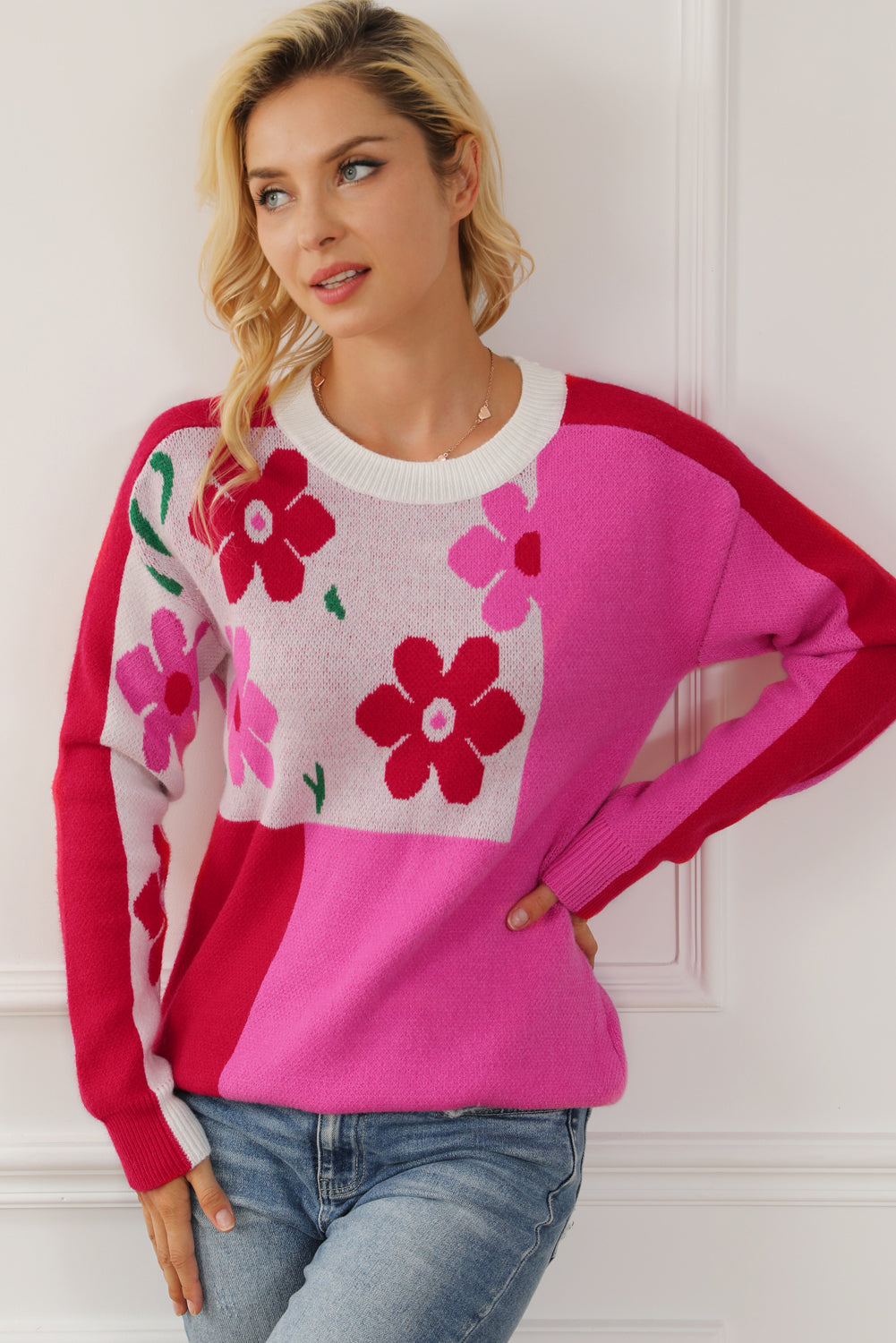 Rose Red Floral Mixed Color Block Sweater featuring a round neck and vibrant floral patterns, perfect for stylish winter wear.