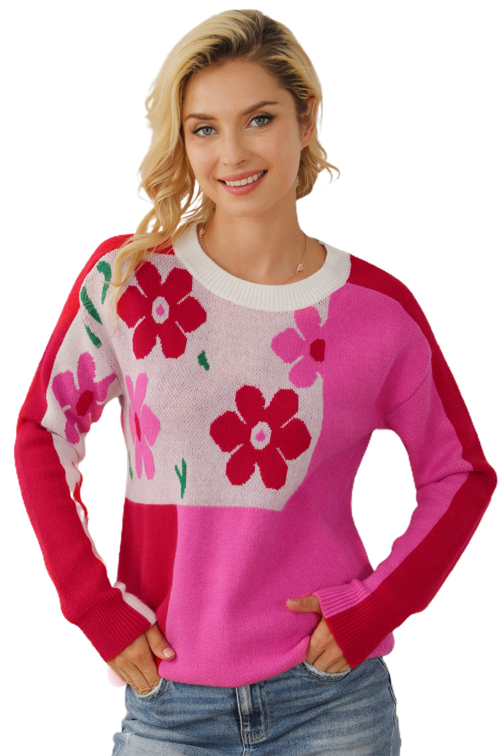 Rose Red Floral Mixed Color Block Sweater featuring a round neck and vibrant floral patterns, perfect for stylish winter wear.