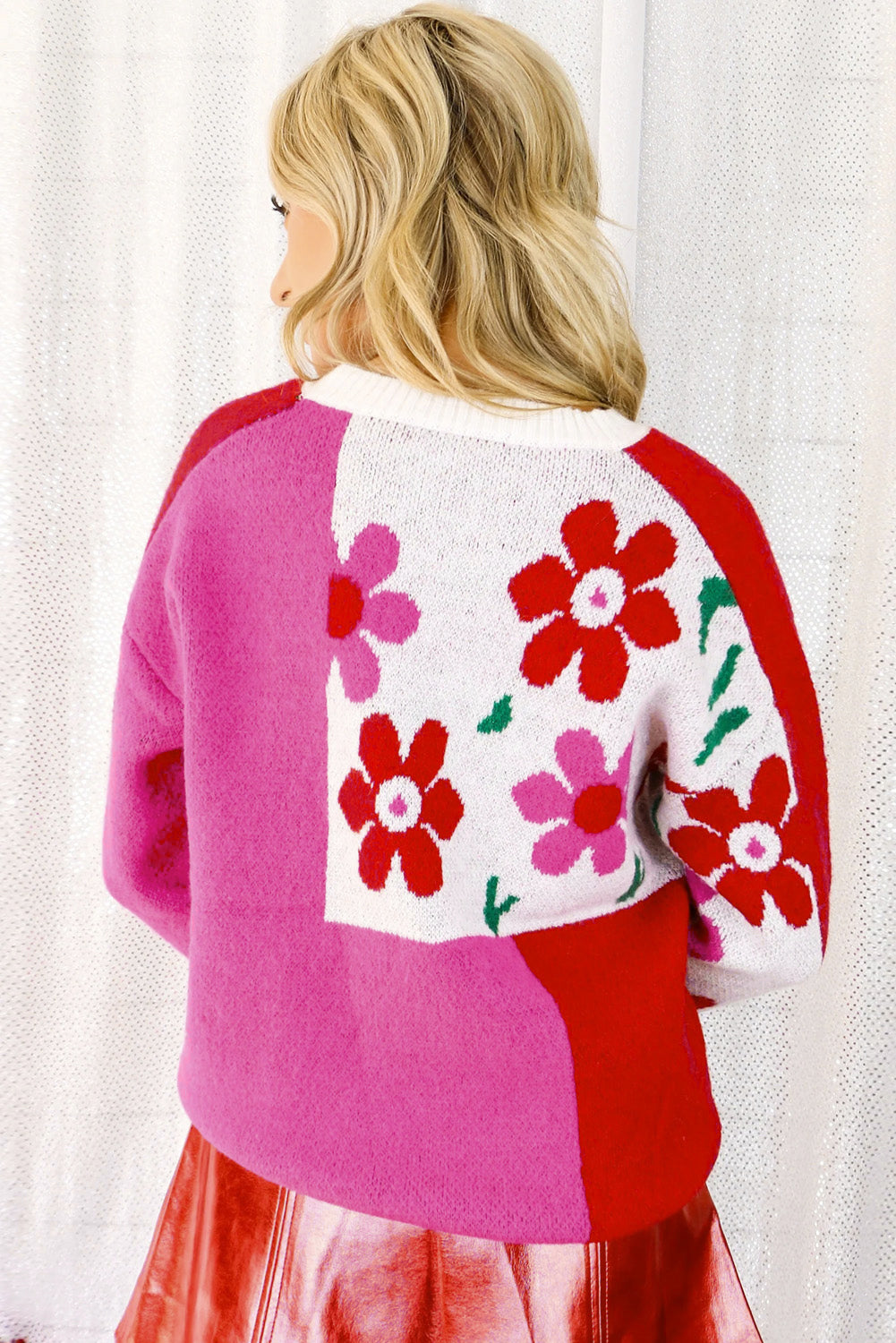 Rose Red Floral Mixed Color Block Sweater featuring a round neck and vibrant floral patterns, perfect for stylish winter wear.