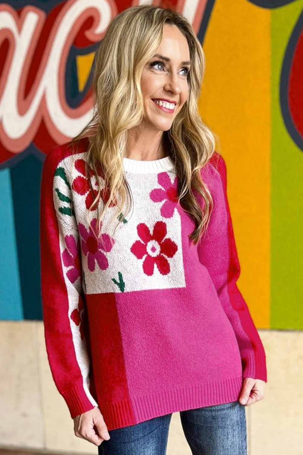 Rose Red Floral Mixed Color Block Sweater featuring a round neck and vibrant floral patterns, perfect for stylish winter wear.