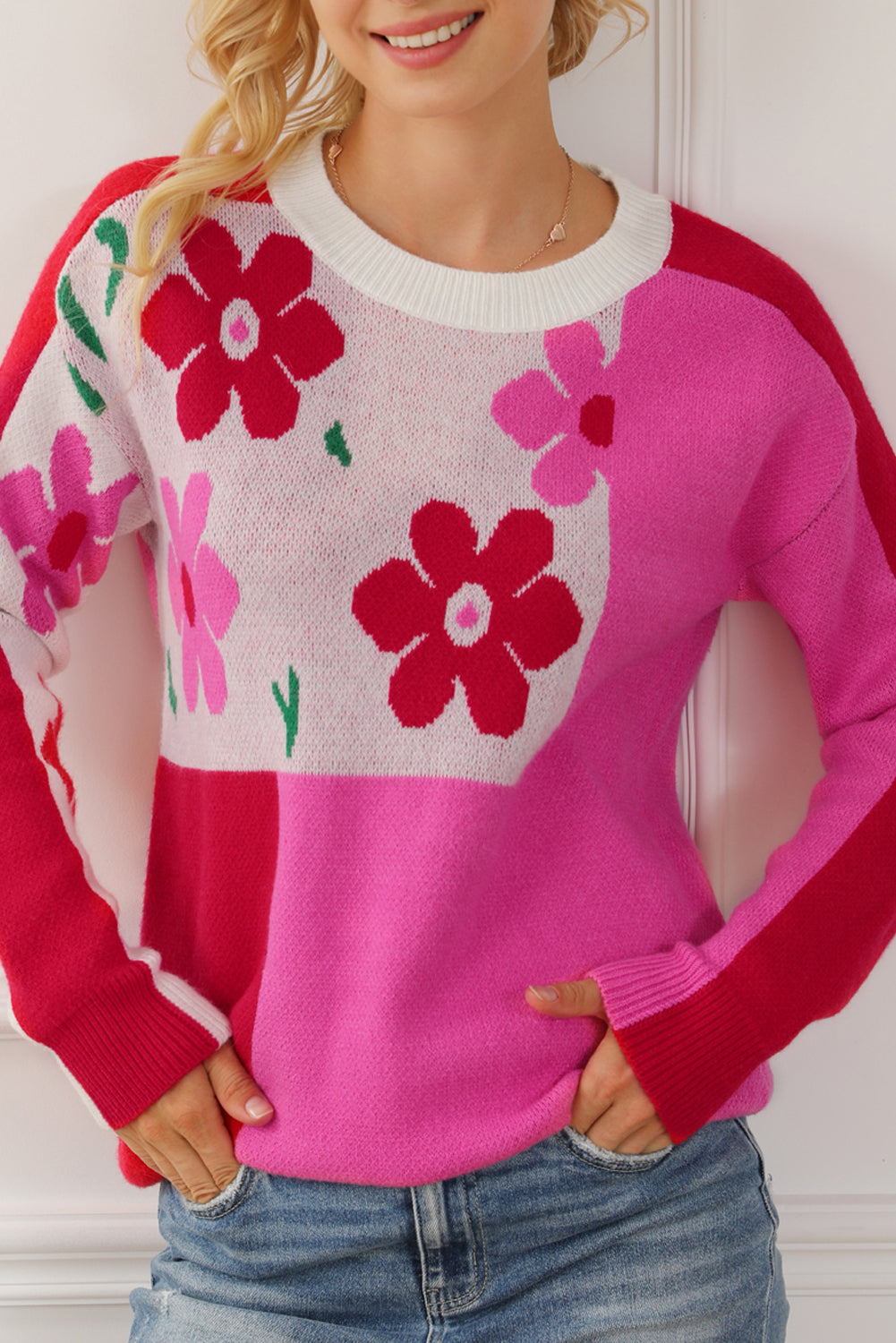 Rose Red Floral Mixed Color Block Sweater featuring a round neck and vibrant floral patterns, perfect for stylish winter wear.