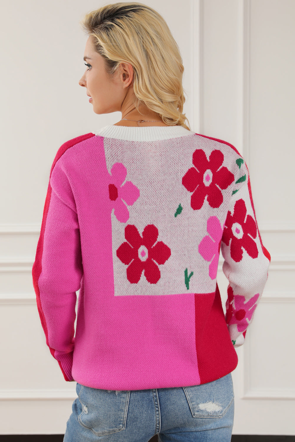 Rose Red Floral Mixed Color Block Sweater featuring a round neck and vibrant floral patterns, perfect for stylish winter wear.