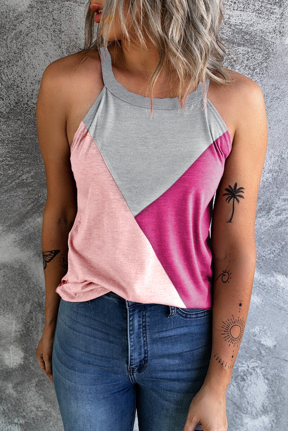 Rose Red Geometric Color Block Sleeveless Top showcasing vibrant colors and modern design.