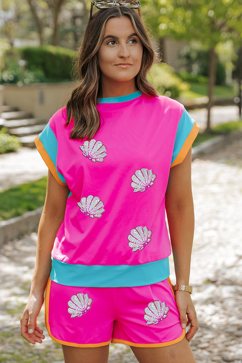 Rose Red Shell Print Color Block T Shirt and Shorts Set featuring chic shell patterns and sequins, perfect for stylish loungewear.