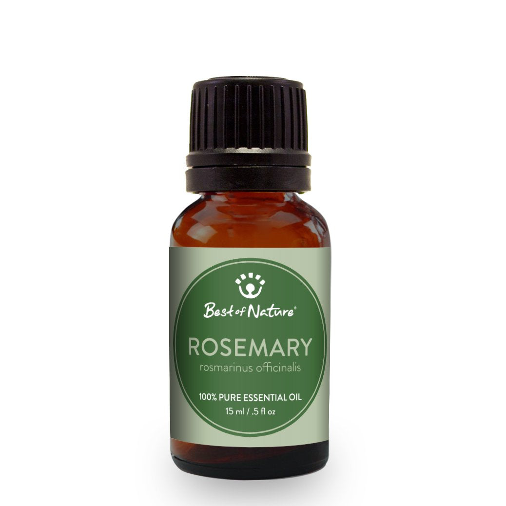 A bottle of 100% pure Rosemary Essential Oil with fresh rosemary sprigs in the background, showcasing its natural and herbal essence.