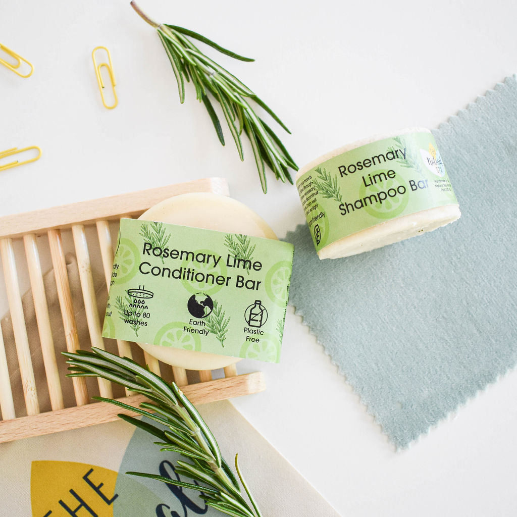 Rosemary Lime Shampoo and Conditioner Bar set, featuring eco-friendly solid bars with natural ingredients for vibrant hair.