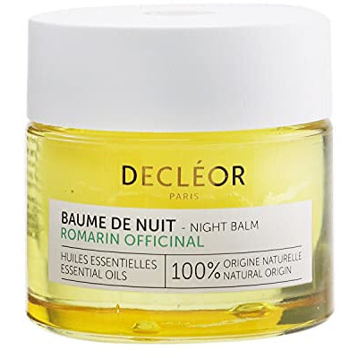 Decléor Rosemary Officinalis Night Balm in a jar, showcasing its rich texture and natural ingredients.