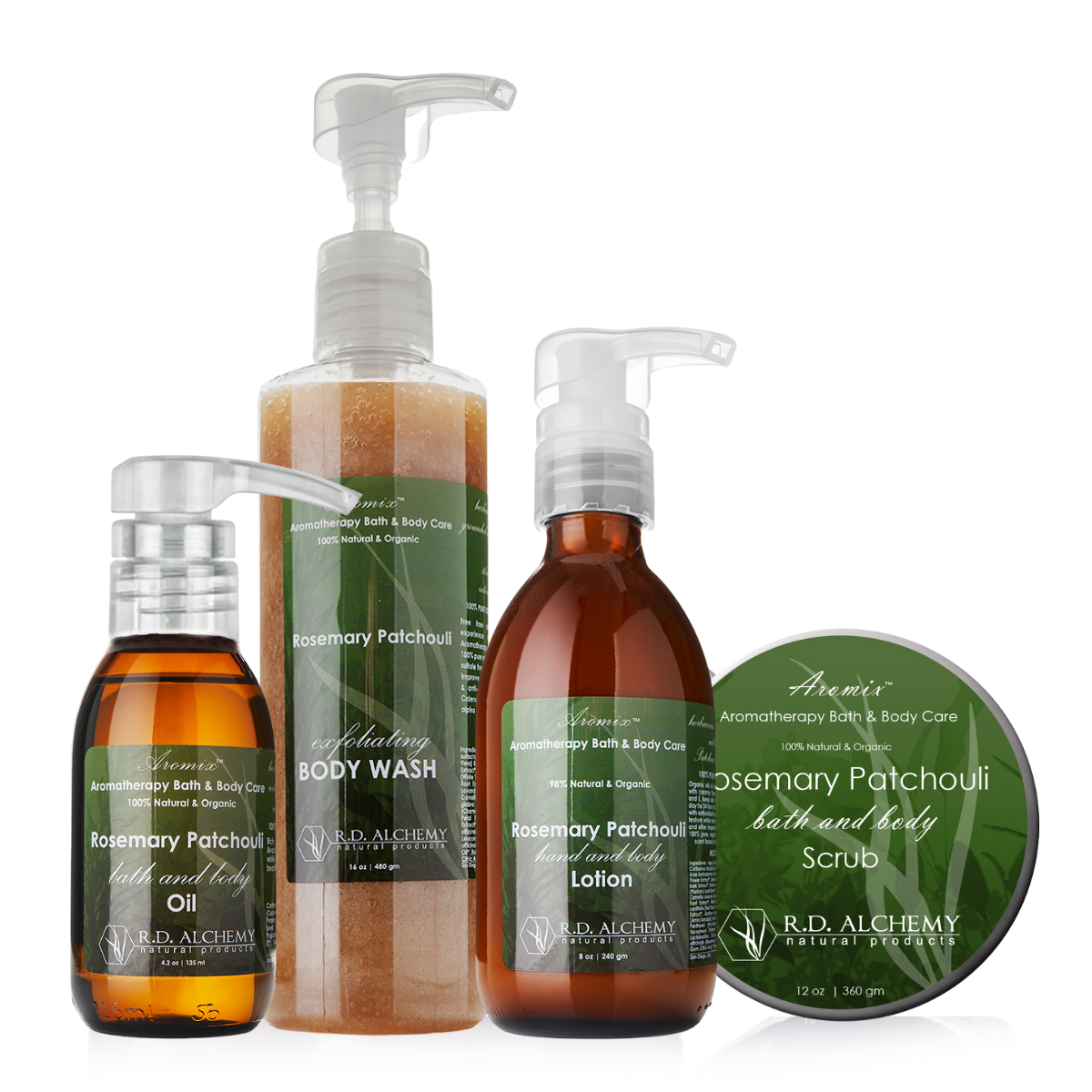 Rosemary Patchouli Body Care Set featuring four skincare products with earthy scents for glowing skin.