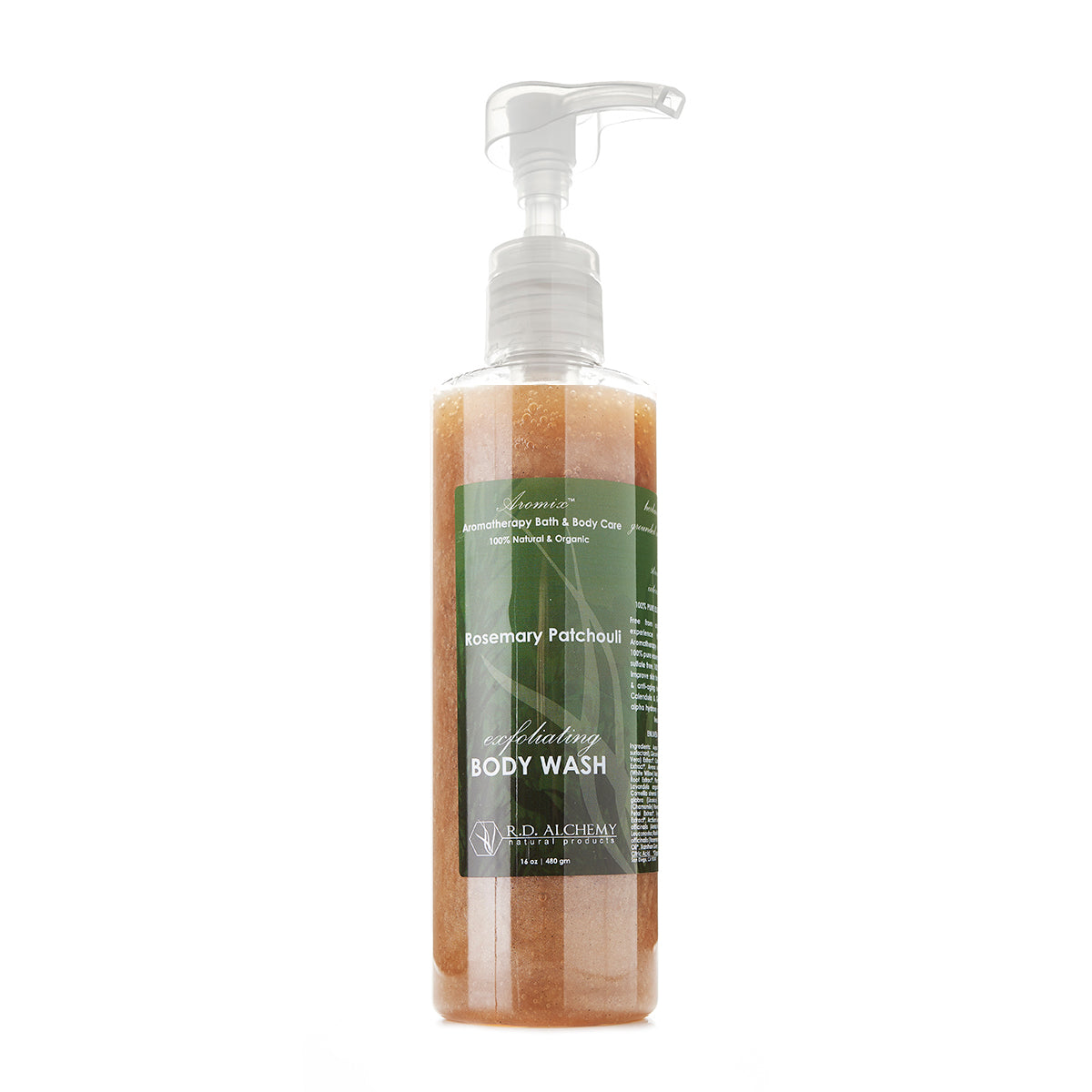 A bottle of Rosemary Patchouli Body Wash Shower Gel with a rich earthy scent, perfect for normal and sensitive skin types.