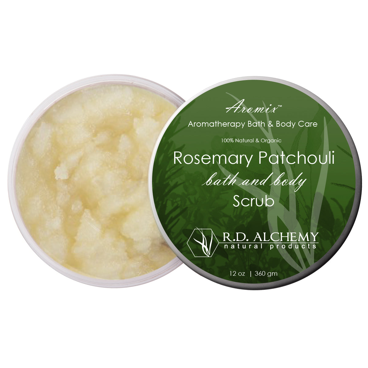 A jar of Rosemary Patchouli Sea Salt Body Scrub with a rich earthy texture, showcasing its natural ingredients and inviting aroma.