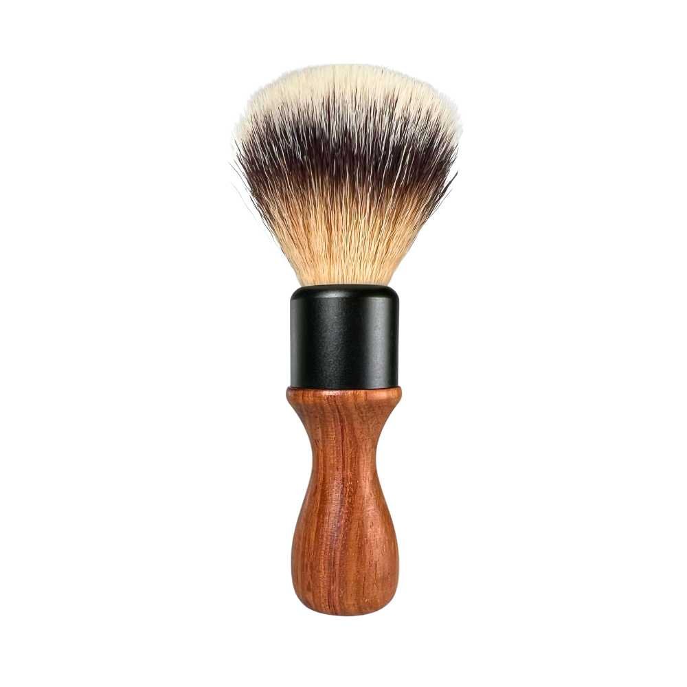 Rosewood Shaving Brush with premium synthetic bristles and ergonomic handle, showcasing unique wood grain and elegant design.