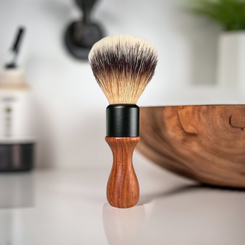 Rosewood Shaving Brush with premium synthetic bristles and ergonomic handle, showcasing unique wood grain and elegant design.