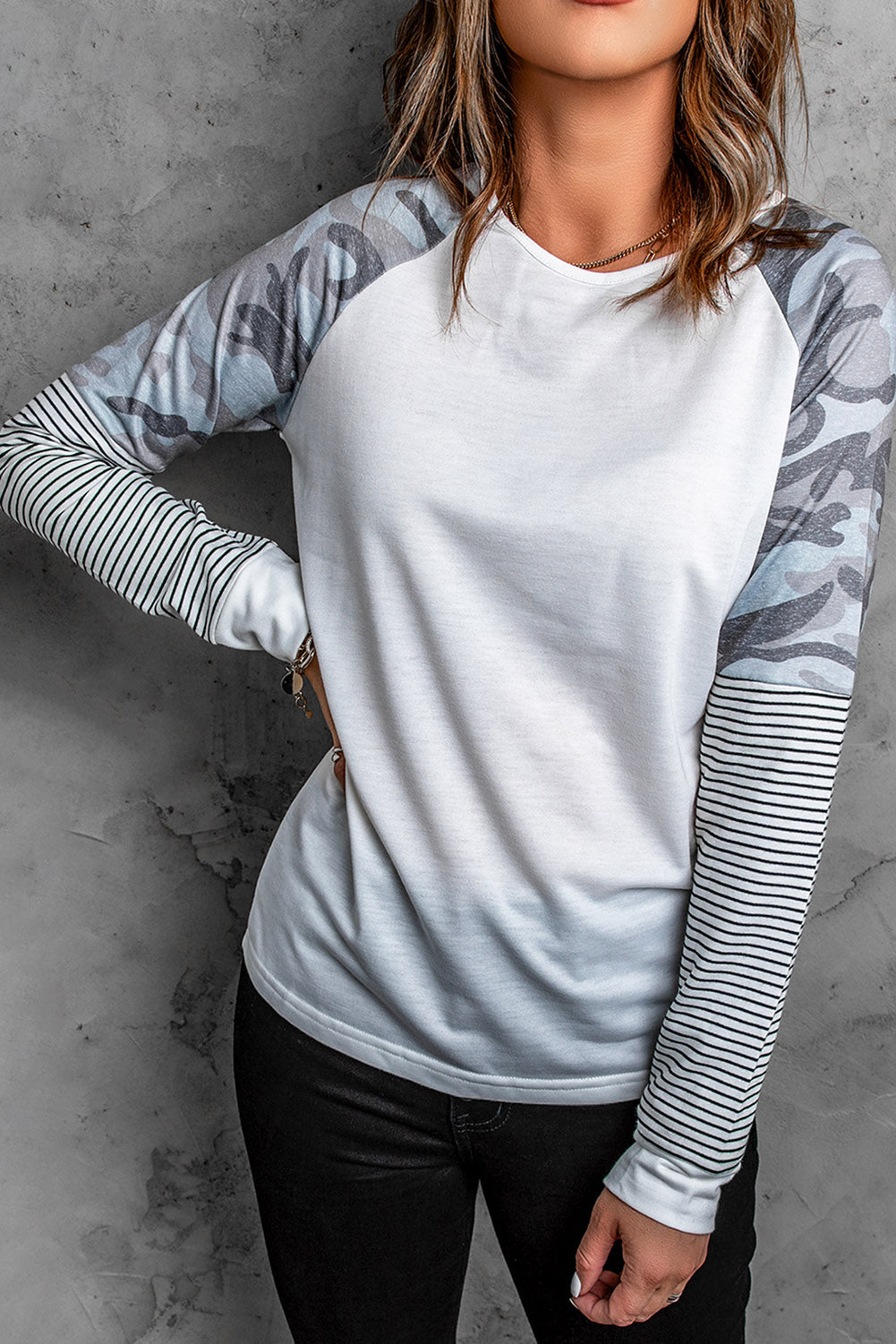 Round Neck Raglan Sleeve Camo Striped Patchwork Top featuring a stylish design with camo and striped prints, perfect for casual wear.