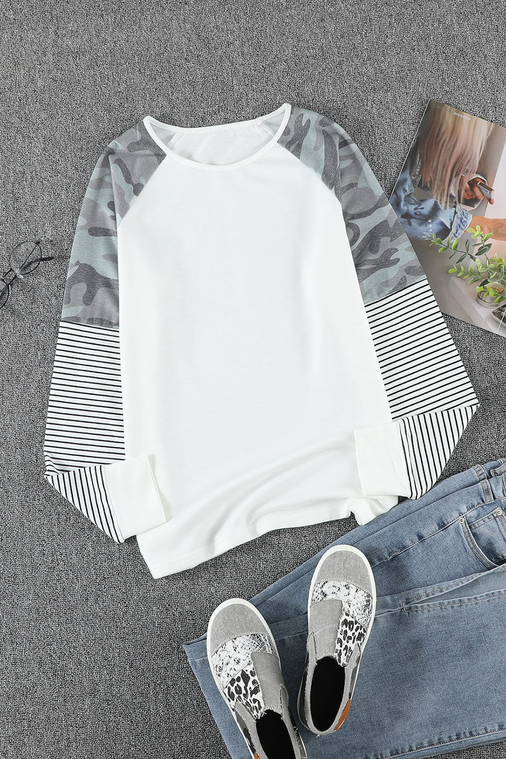 Round Neck Raglan Sleeve Camo Striped Patchwork Top featuring a stylish design with camo and striped prints, perfect for casual wear.