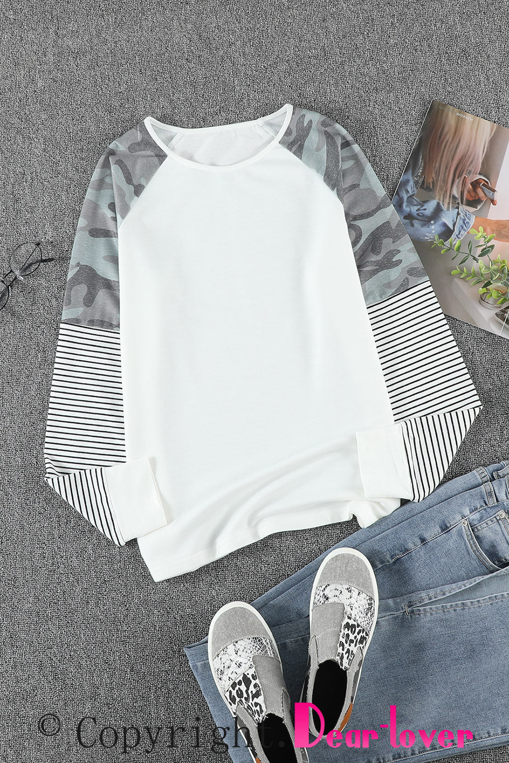 Round Neck Raglan Sleeve Camo Striped Patchwork Top featuring a stylish design with camo and striped prints, perfect for casual wear.