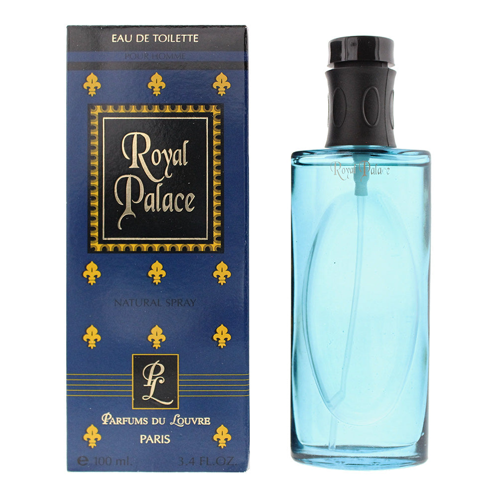 A luxurious bottle of Royal Palace Eau de Toilette by Christine Darvin, elegantly designed with a golden cap and a clear glass body showcasing the light amber fragrance inside.