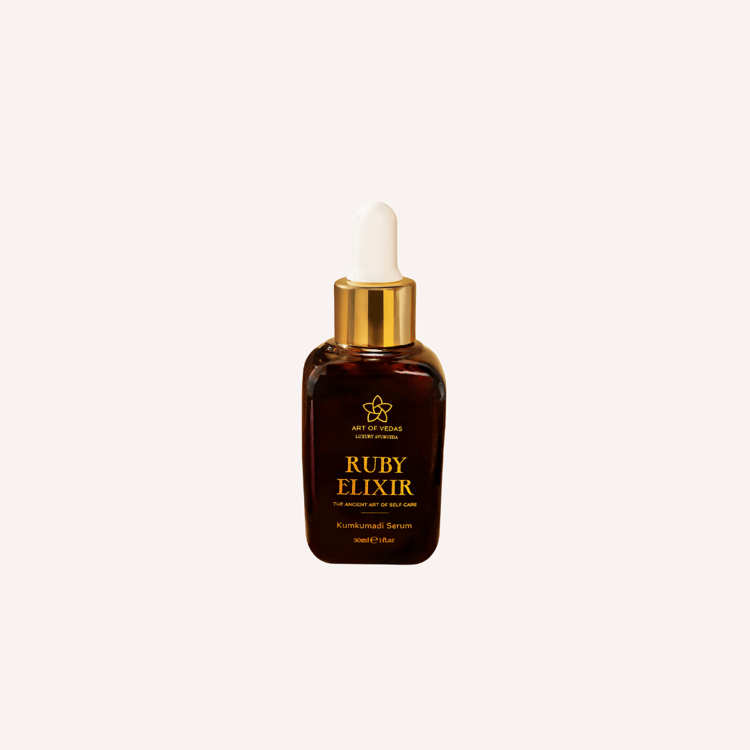 Ruby Elixir Kumkumadi Serum bottle with natural ingredients, showcasing its Ayurvedic formulation for radiant skin.