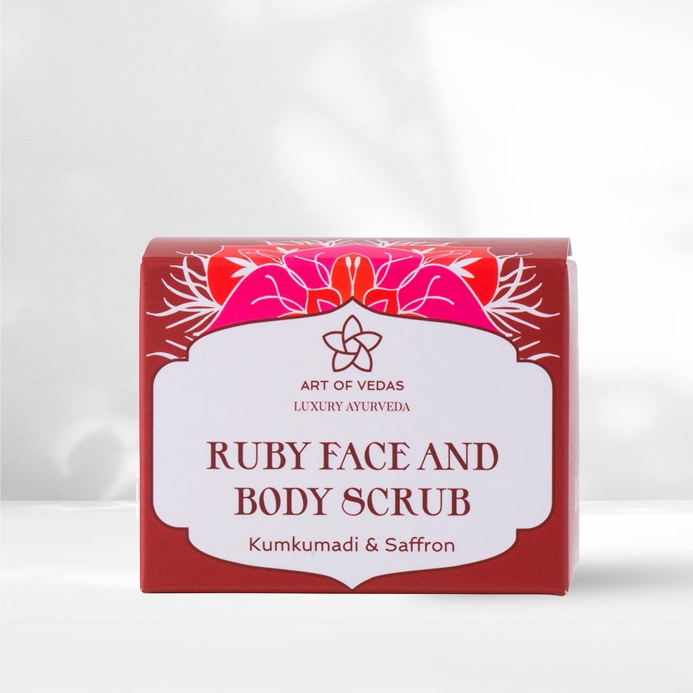 Ruby Kumkumadi Scrub in a jar, showcasing its rich texture and natural ingredients, perfect for gentle exfoliation and cleansing.