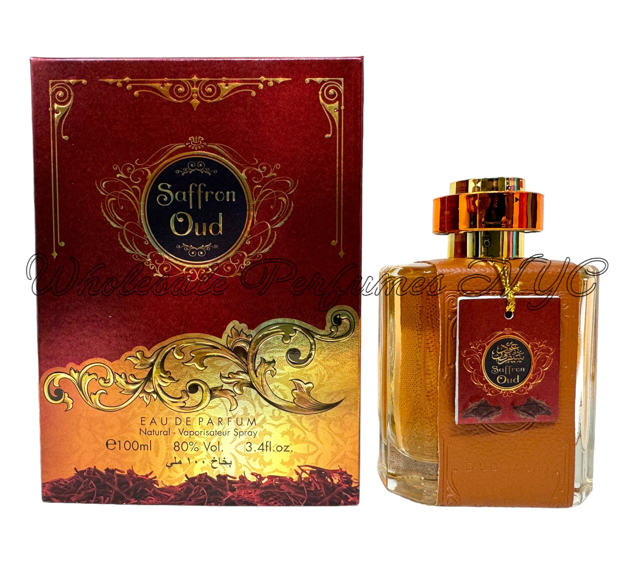 A luxurious 3.4oz bottle of Saffron Oud for Women Eau de Parfum from Al Sheikh Collection, showcasing its elegant design.