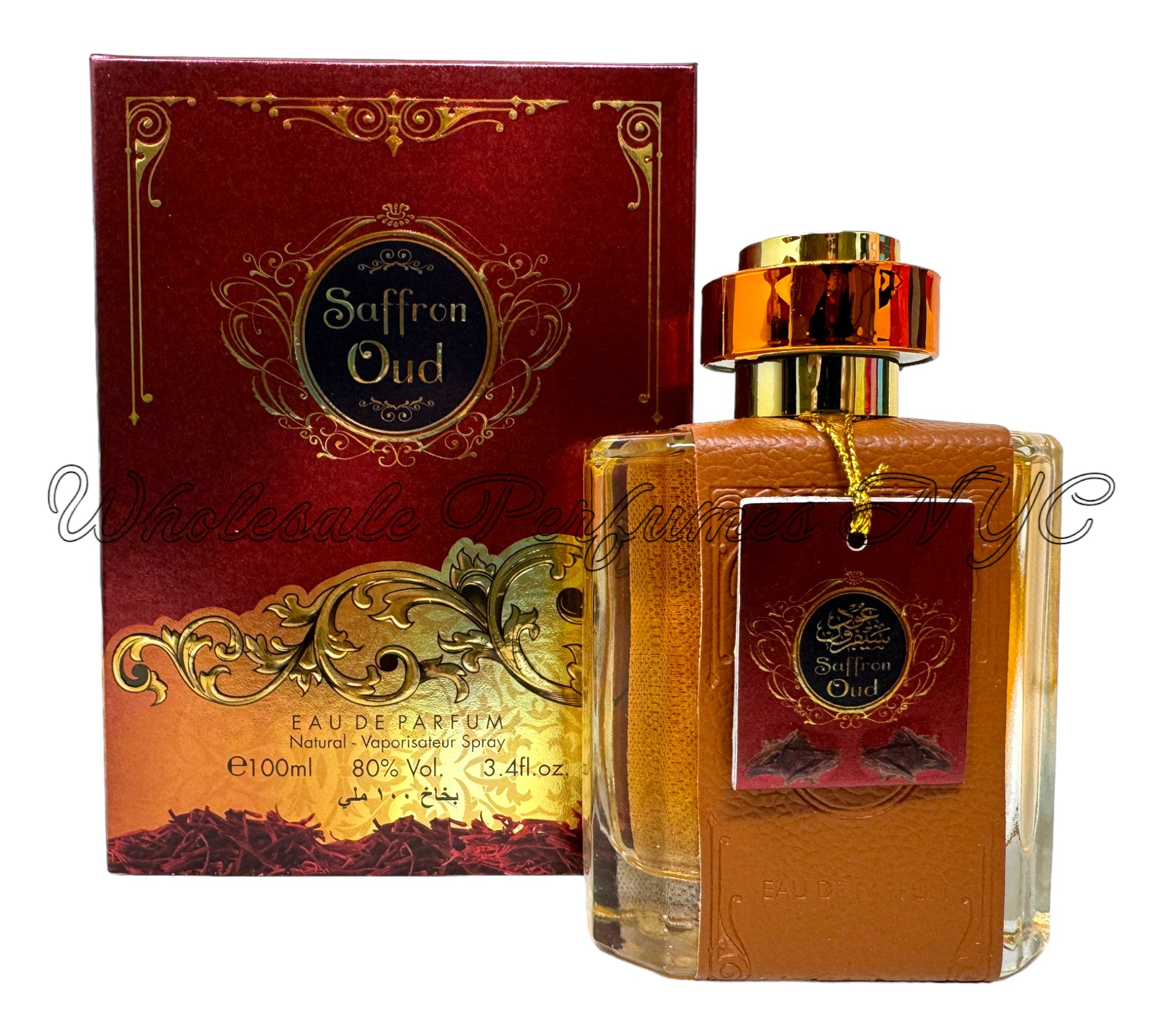 A luxurious 3.4oz bottle of Saffron Oud for Women Eau de Parfum from Al Sheikh Collection, showcasing its elegant design.