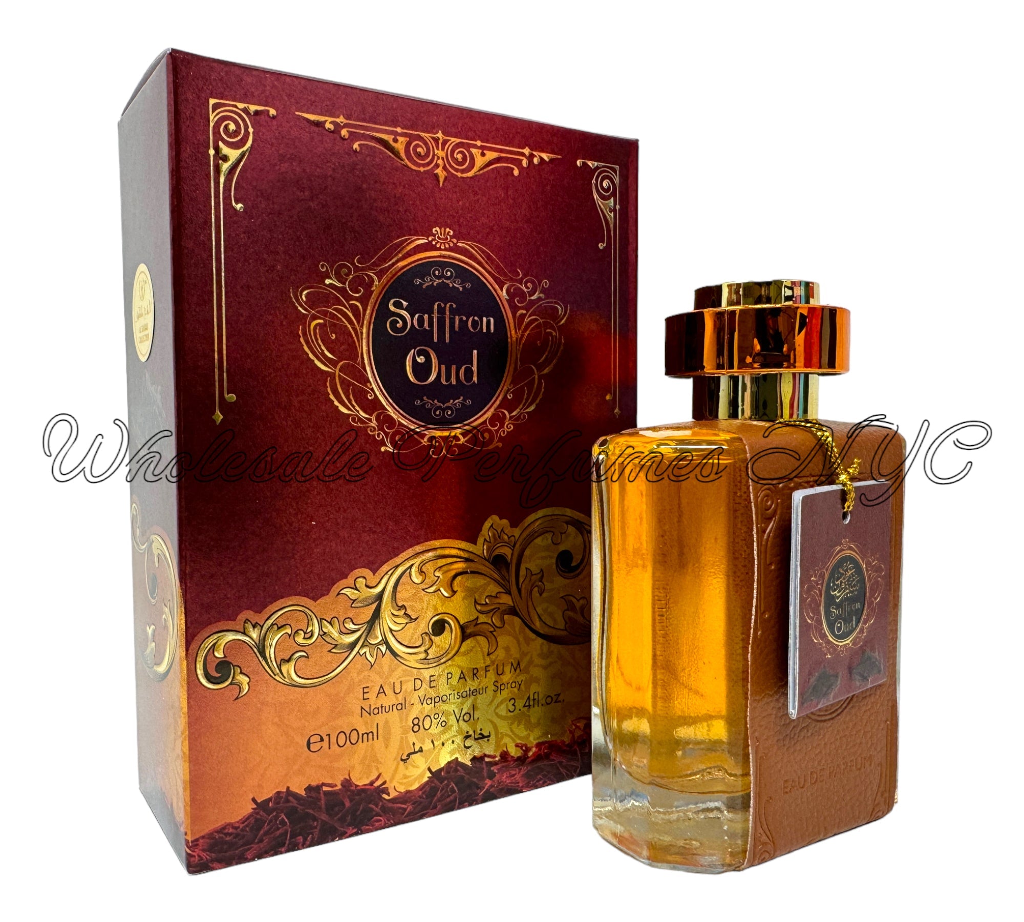 A luxurious 3.4oz bottle of Saffron Oud for Women Eau de Parfum from Al Sheikh Collection, showcasing its elegant design.