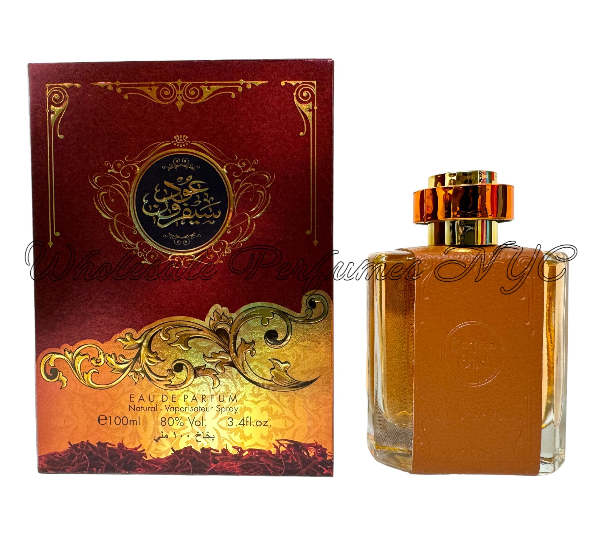 A luxurious 3.4oz bottle of Saffron Oud for Women Eau de Parfum from Al Sheikh Collection, showcasing its elegant design.