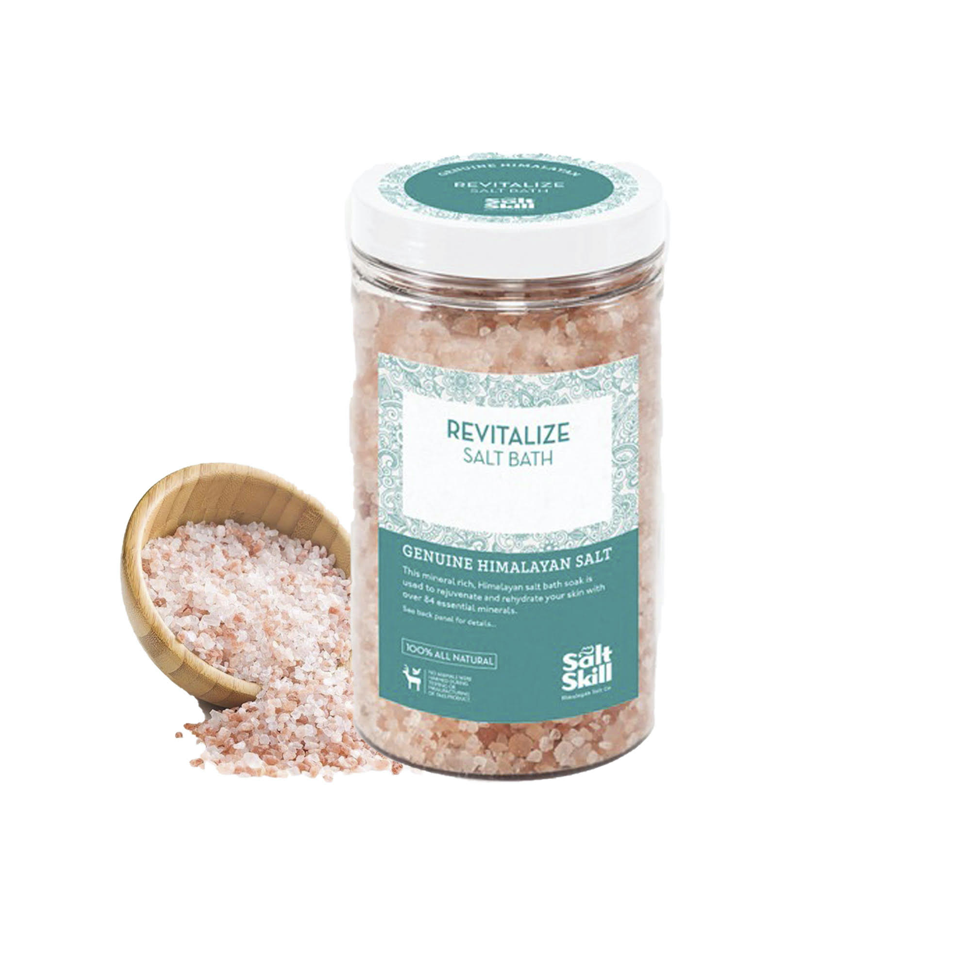 A 32 OZ container of Salt Skill Natural Himalayan Soaking Bath Salts, featuring a blend of Himalayan salt and essential oils, ideal for a relaxing bath experience.