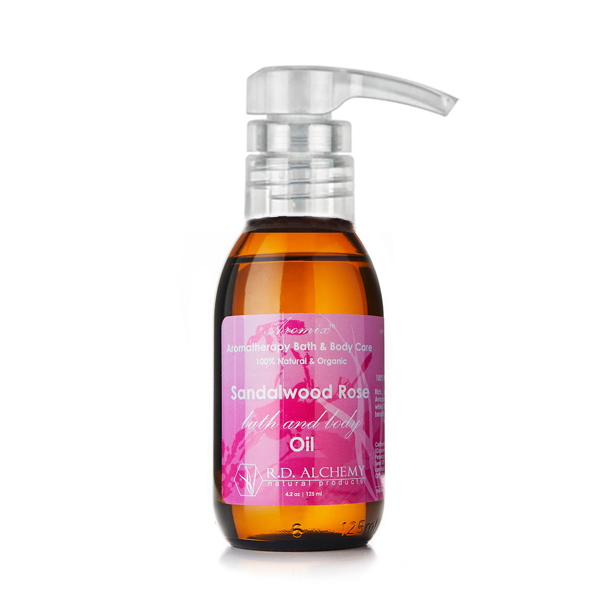 A bottle of Sandalwood Rose Bath & Body Oil with floral design, showcasing its luxurious and moisturizing properties.