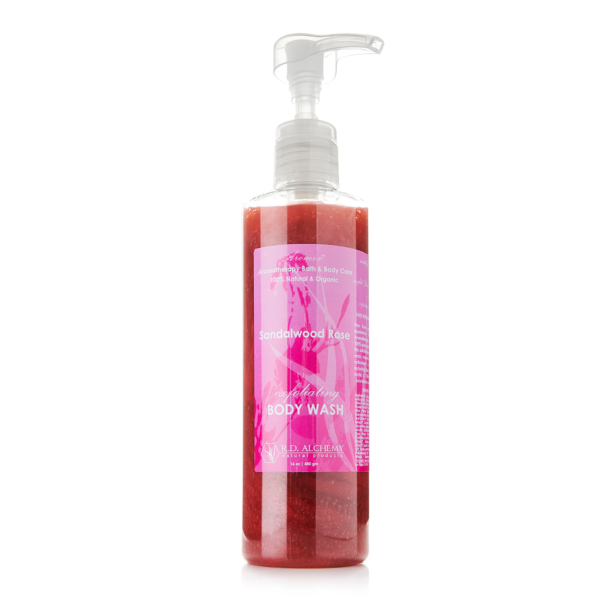 Sandalwood Rose Body Wash Shower Gel in a clear bottle with floral design, showcasing its luxurious texture and rich scent.