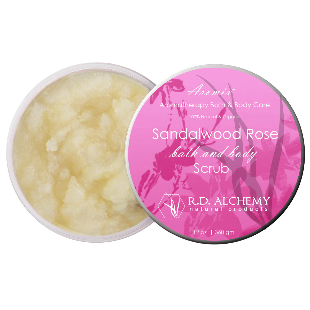 A jar of Sandalwood Rose Sea Salt Body Scrub with a floral design, showcasing its rich texture and natural ingredients.