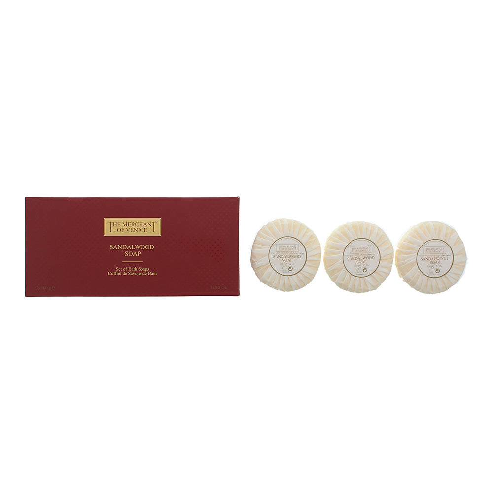 The Merchant of Venice Sandalwood Soap 3 x, elegantly packaged with a rich, creamy texture and a warm sandalwood scent.