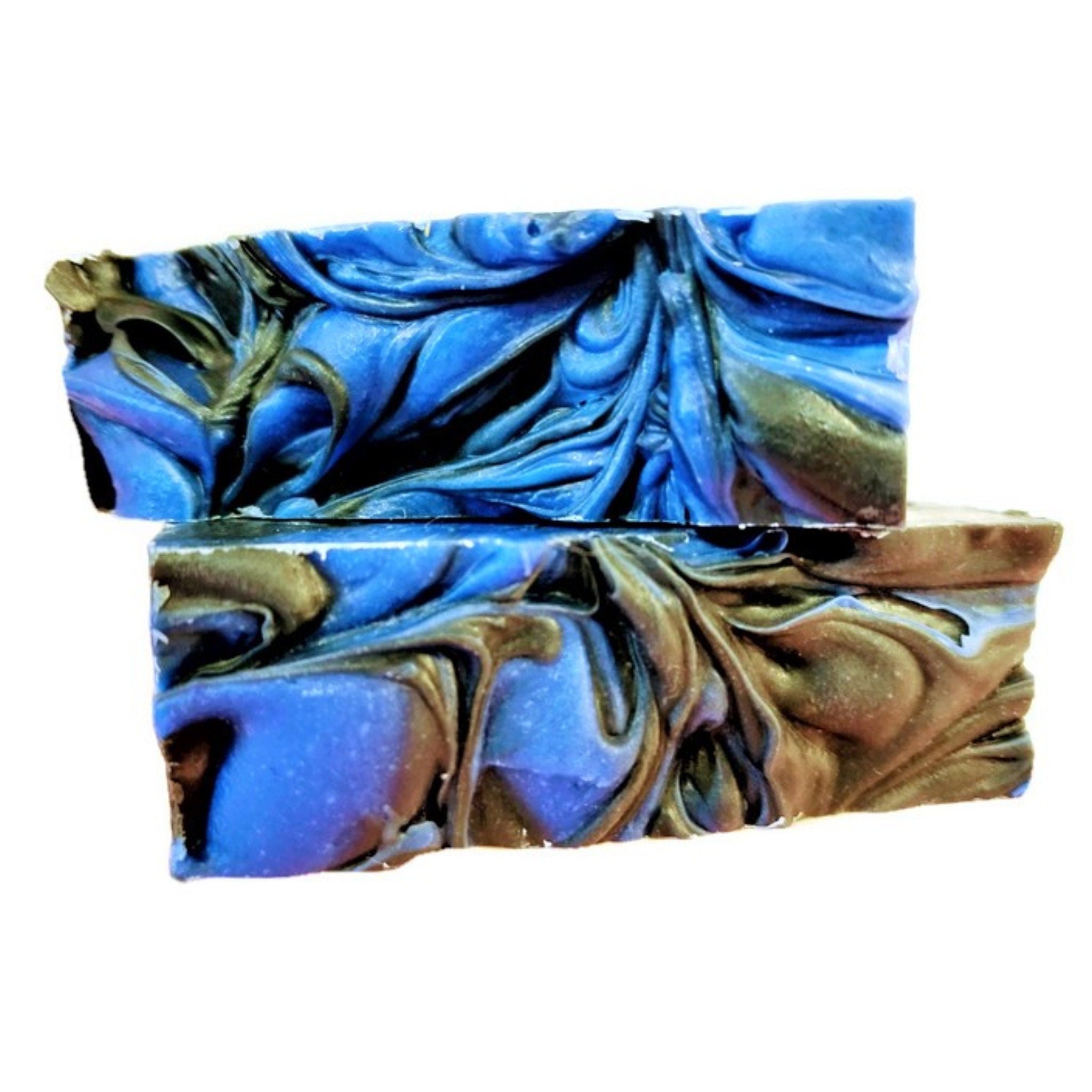 Sandalwood Spirit Soap bar with rich blue swirls, activated charcoal, and kaolin clay, showcasing its unique handcrafted design.