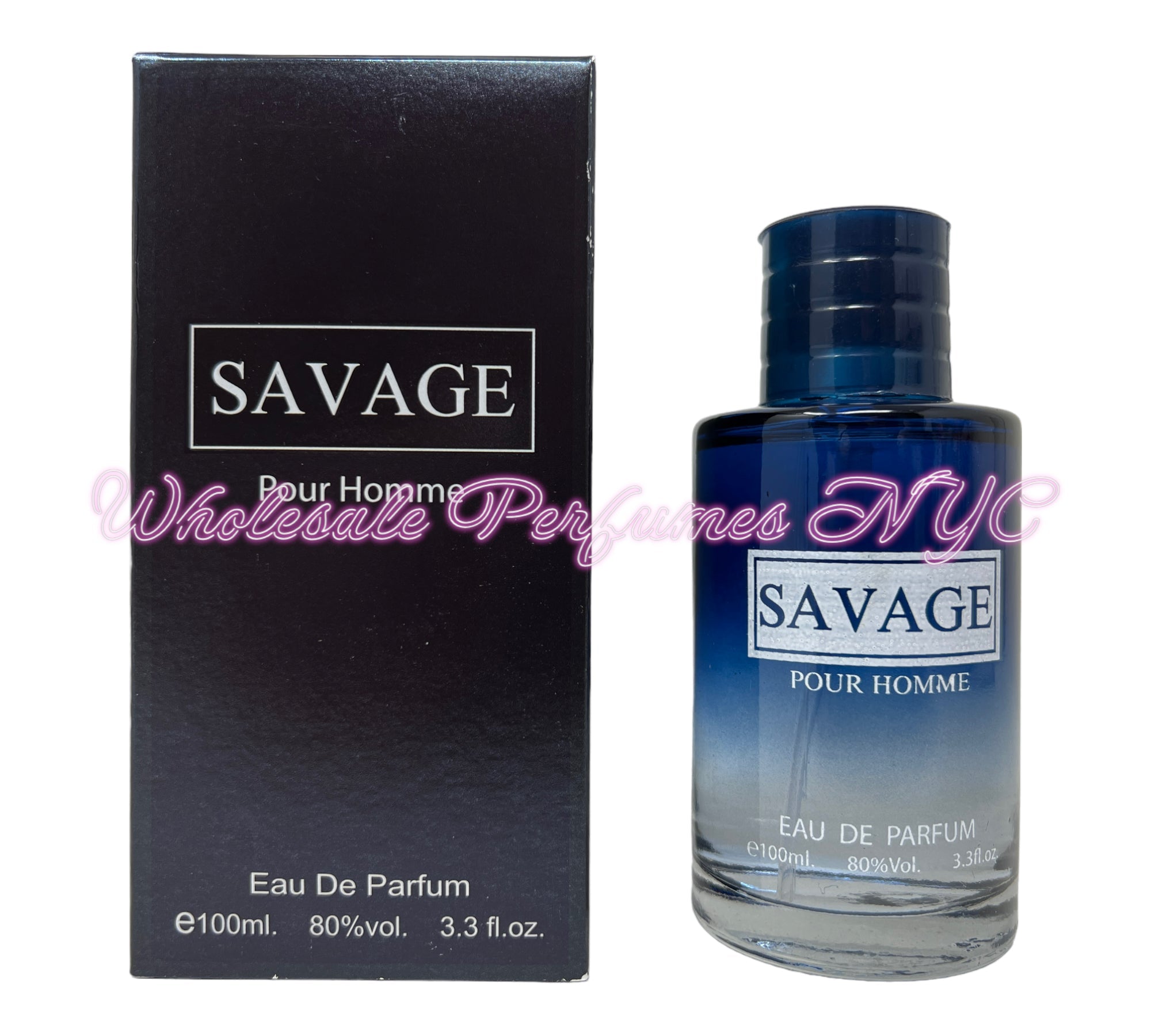 Savage for Men (Blue) Eau de Parfum spray in a sleek bottle, showcasing its bold and masculine design.