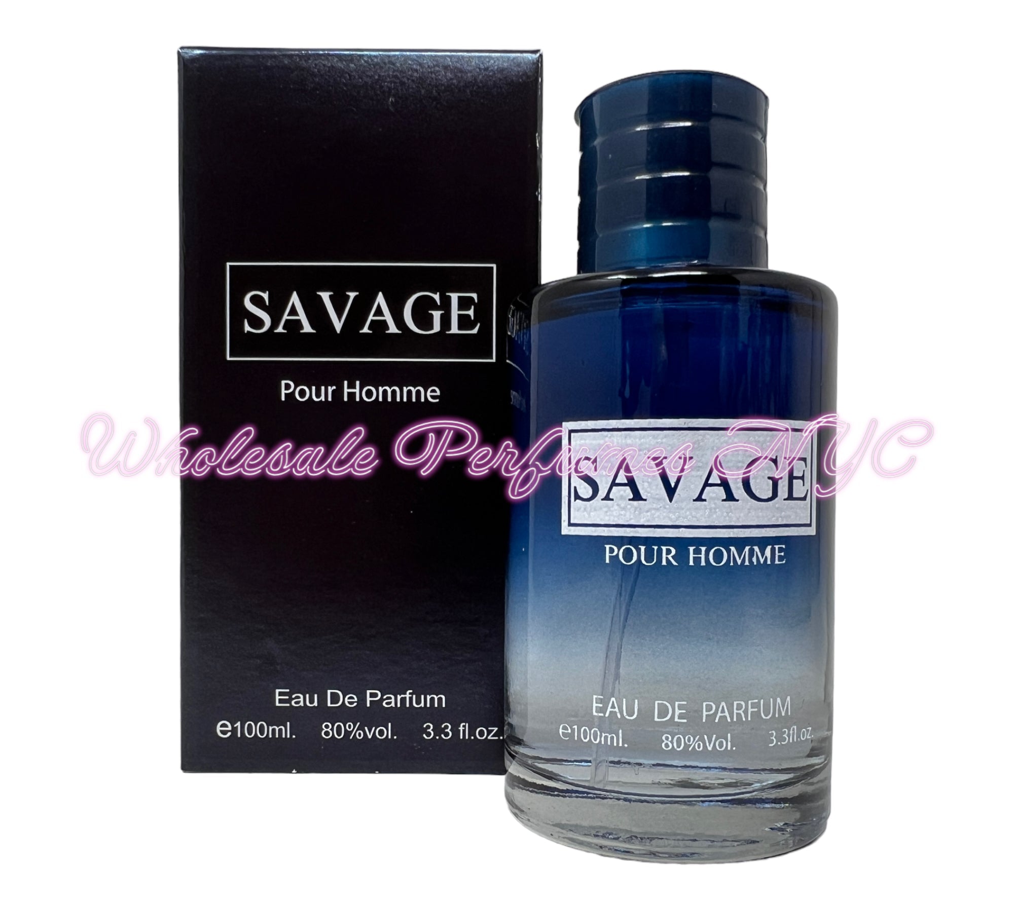 Savage for Men (Blue) Eau de Parfum spray in a sleek bottle, showcasing its bold and masculine design.