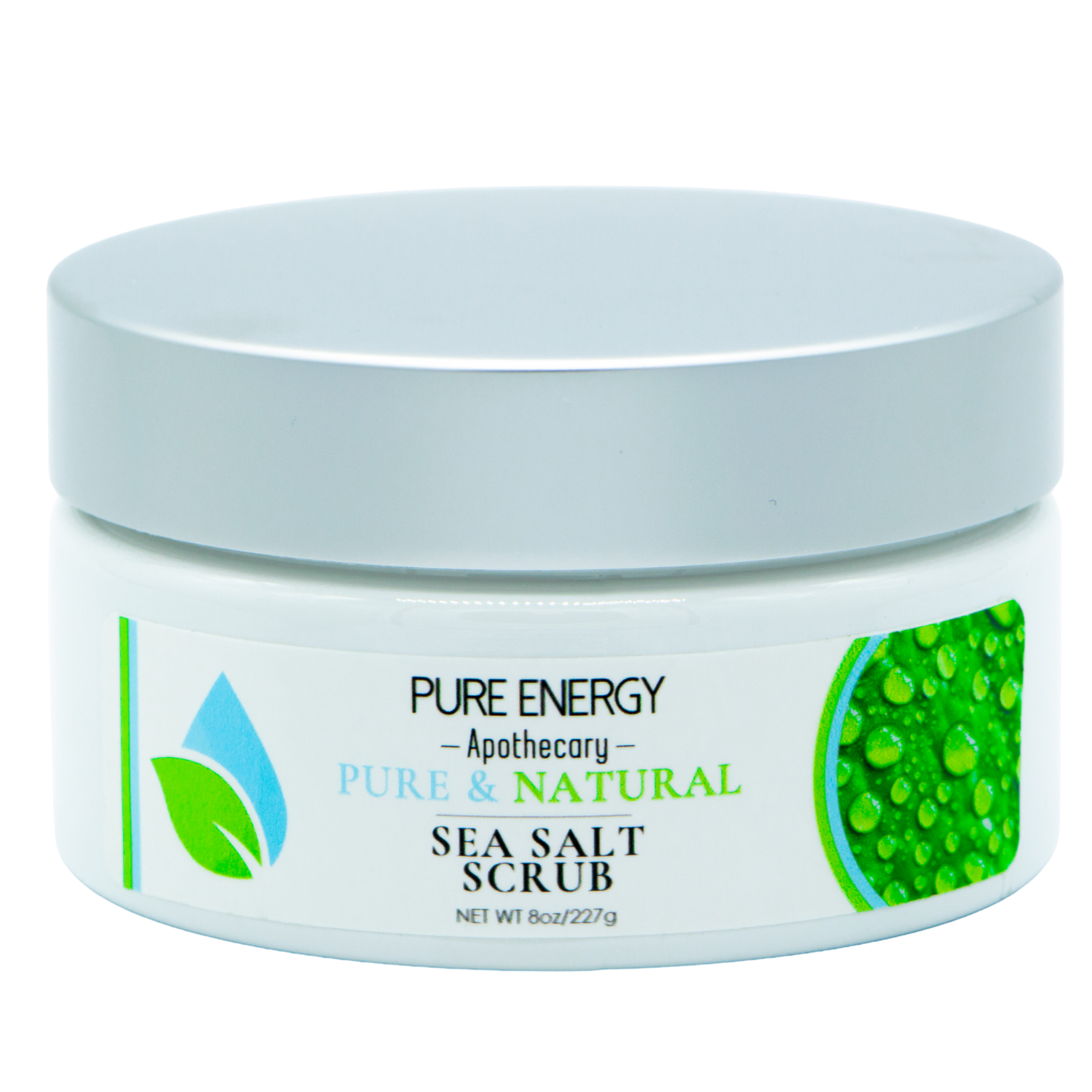 A jar of Pure & Natural Sea Salt Scrub with a smooth texture, showcasing its natural ingredients and a refreshing look.